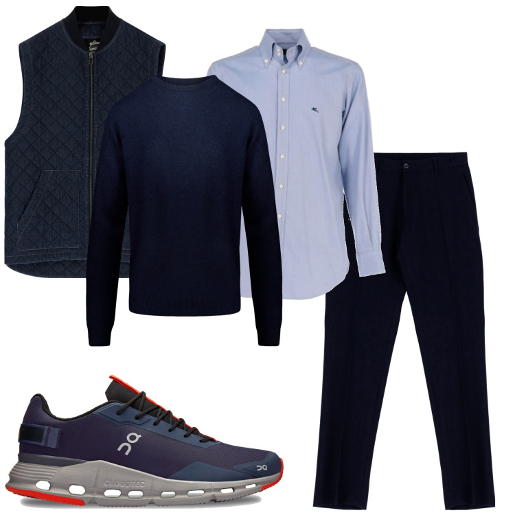 Outfit uomo - In blu elegante e sneaker. Stile Trendy per Tutti i giorni. Abbinamento con camicie, gilet, pantaloni capri, sneakers alte, maglieria.