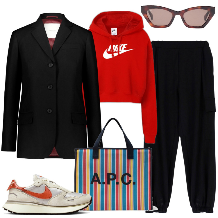 Outfit donna - Metropolitana. Stile Urban per Scuola/Università. Abbinamento con occhiali da sole, pantaloni cargo, felpe con cappuccio, sneakers, blazer, shopping bag.