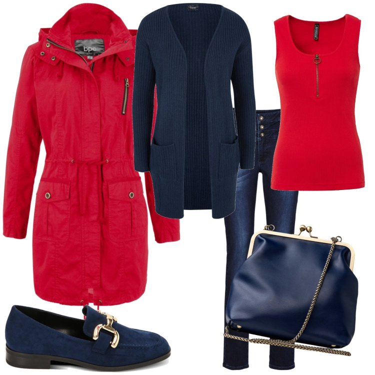 Outfit donna - Sportiva. Stile Casual per Tutti i giorni. Abbinamento con cardigans, top, parka, jeans skinny, mocassini, clutch.