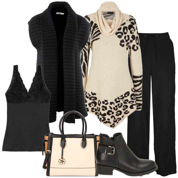 Outfit donna - Total look #1754574. Stile Casual per Tutti i giorni. Abbinamento con pantaloni a palazzo, top, maglieria, gilet, stivaletti, borse a mano.