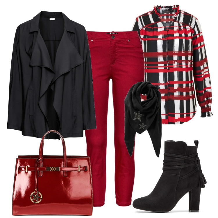 Outfit donna - Total look #1754578. Stile Casual chic per Tutti i giorni. Abbinamento con pantaloni, foulard, bluse, vestiti, stivaletti, borse a mano.