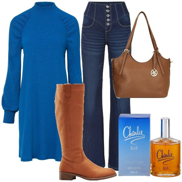 Outfit donna - La maglia lunga. Stile Casual chic per Tutti i giorni. Abbinamento con stivali, maglieria, jeans a zampa, profumi, borse a spalla.