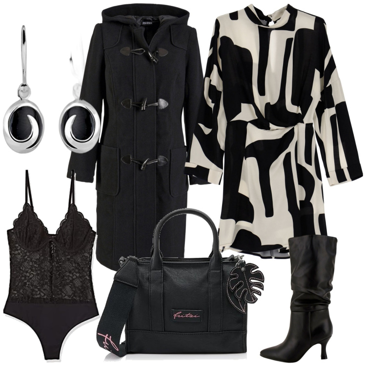 Outfit donna - Borsa unica. Stile Chic per Serata fuori. Abbinamento con montgomery, vestiti corti, stivali, ciondoli, body, orecchini.