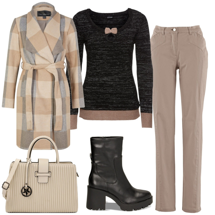 Outfit donna - Cappotto a quadri. Stile Casual chic per Tutti i giorni. Abbinamento con maglieria, pantaloni, cappotti, stivaletti, borse a mano.