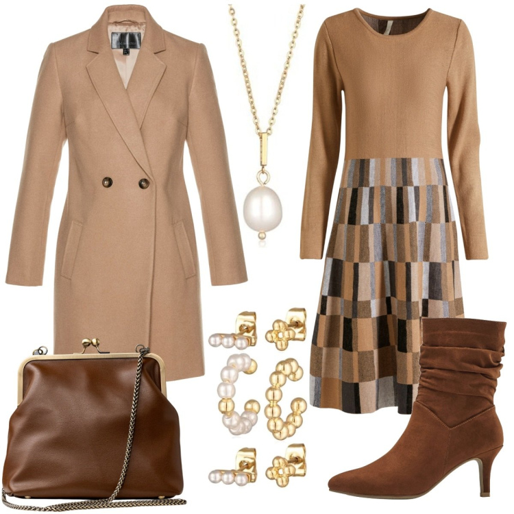 Outfit donna - L\' abito nuovo. Stile Casual chic per Tutti i giorni. Abbinamento con vestiti, cappotti, stivaletti, clutch, orecchini, collane.