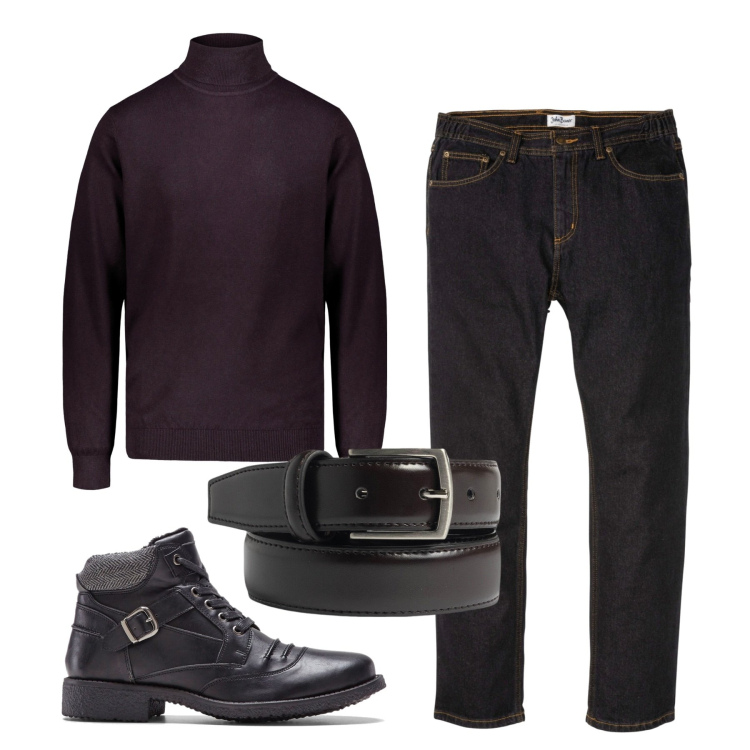 Outfit uomo - Prugna e testa di moro. Stile Urban per Tutti i giorni. Abbinamento con jeans dritti, stivali e stivaletti, maglieria, cinture.