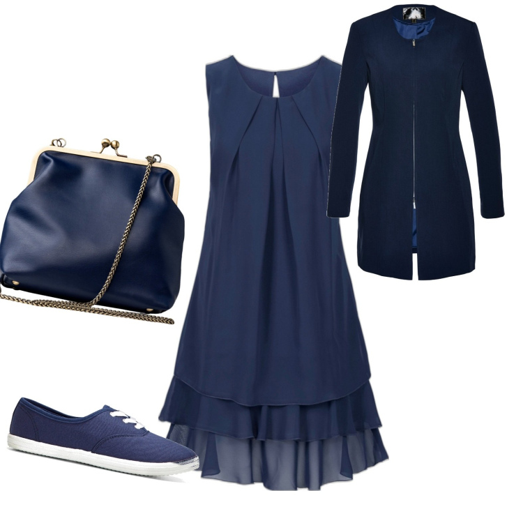 Outfit donna - Blu notte. Stile Casual chic per Serata fuori. Abbinamento con vestiti, sneakers, blazer, clutch.