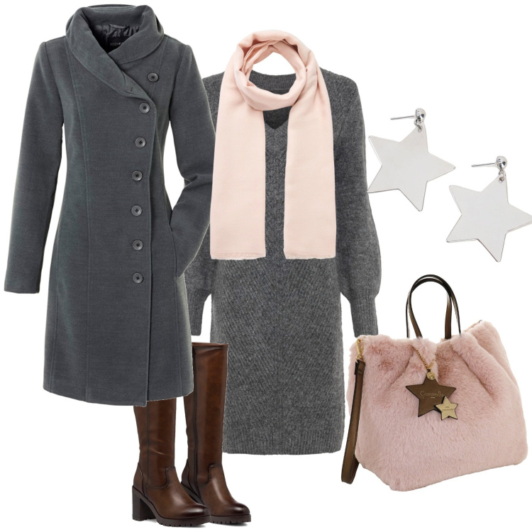 Outfit donna - Grigio e rosa. Stile Casual chic per Tutti i giorni. Abbinamento con vestiti, cappotti, sciarpe, orecchini, stivali sopra il ginocchio, borse a mano.
