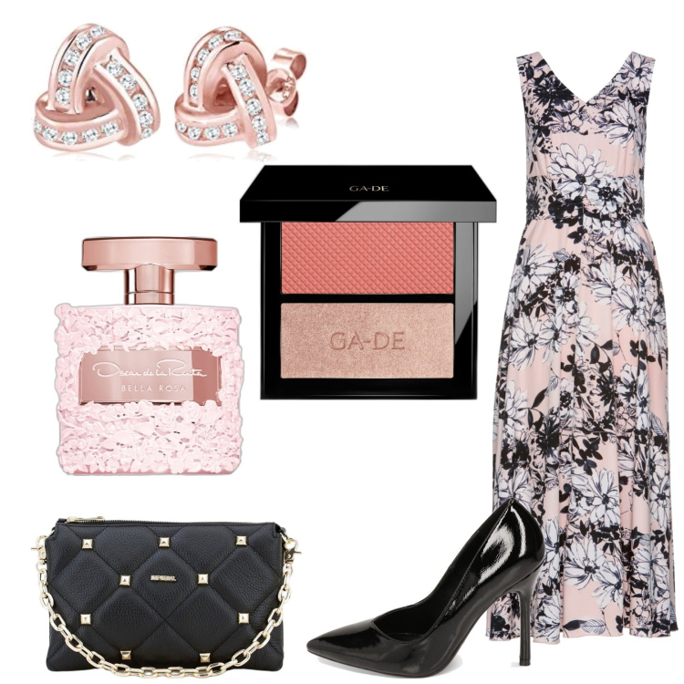 Outfit donna - Spring flower. Stile Casual chic per Mare. Abbinamento con vestiti lunghi, profumi, blush, pochette, décolleté, orecchini.