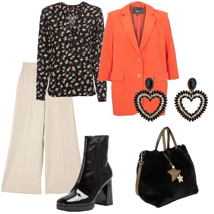 Outfit donna - in beige nero e arancio. Stile Casual per Serata fuori. Abbinamento con bluse, blazer, pantaloni, stivaletti, orecchini, borse a mano.