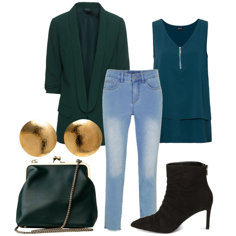 Outfit donna - Verde scurissimo. Stile Chic per Serata fuori. Abbinamento con top, blazer, jeans skinny, stivaletti, clutch, orecchini.
