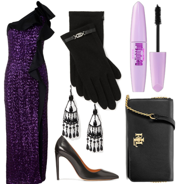 Outfit donna - Galà. Stile Chic per Cerimonia. look ideale per Tall. Abbinamento con mascara, borse a tracolla, orecchini, décolleté, guanti, vestiti asimmetrici.