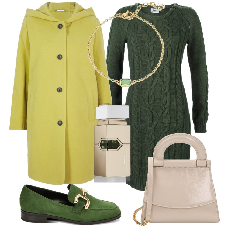 Outfit donna - Total look #1754684. Stile Casual per Tutti i giorni. Abbinamento con cappotti, vestiti, profumi, mocassini, borse a mano, braccialetti.