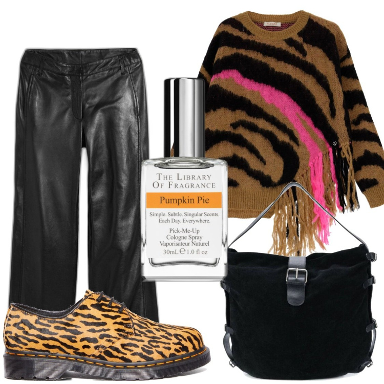 Outfit donna - Zucca Zenzero Cannella. Stile Rock per Serata fuori. Abbinamento con pantaloni, borse a mano, profumi, maglieria, scarpe stringate.