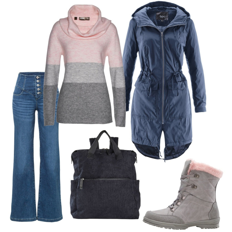Outfit donna - Agriturismo in autunno. Stile Casual per Tutti i giorni. Abbinamento con maglieria, zaini, jeans a zampa, cappotti, stivali.