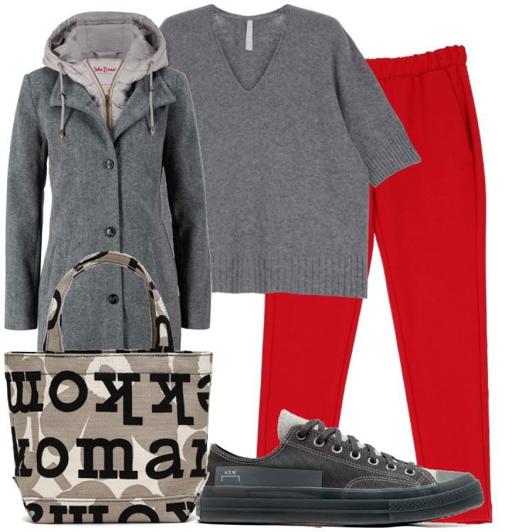 Outfit donna - La spesa. Stile Casual per Tutti i giorni. Abbinamento con cappotti, pantaloni, maglieria, sneakers, borse tote.