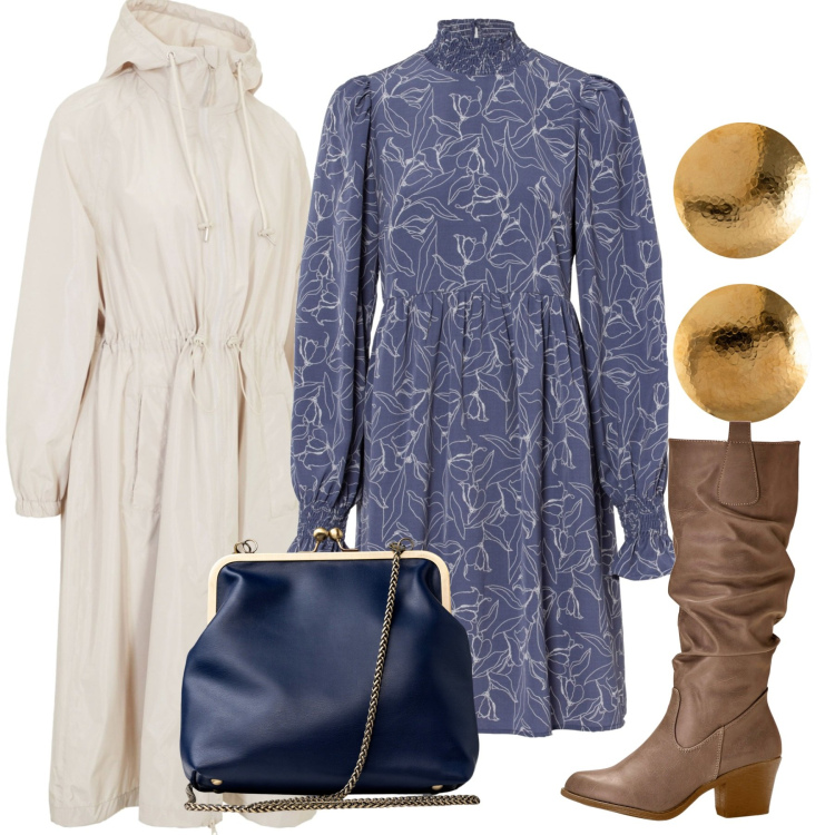 Outfit donna - Romantica in blu polvere. Stile Romantica per Tutti i giorni. Abbinamento con stivali, vestiti, blazer, clutch, orecchini.