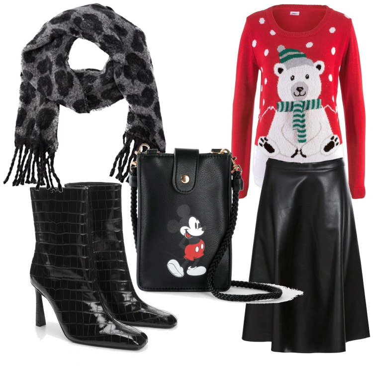 Outfit femme - En attendant Noël. Style Casual pour Bureau. Assortir avec jupes longues, pulls, pochette, écharpes, bottines.