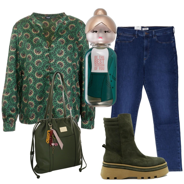 Outfit donna - Muschio. Stile Trendy per Ufficio. Abbinamento con profumi, bluse, stivaletti, borse a spalla, jeans slim fit.