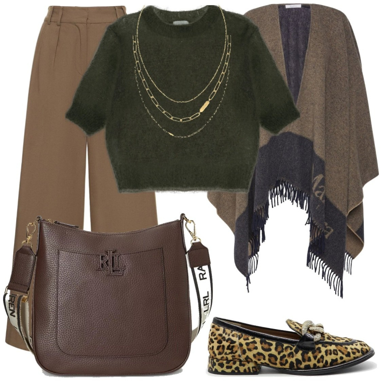 Outfit donna - Curvy nei toni del bosco. Stile Casual chic per Tutti i giorni. Abbinamento con pullovers, borse a tracolla, collane, pantaloni, cappotti, mocassini.