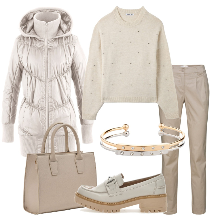Outfit donna - Il pullover con strass Donna Curvy. Stile Basic per Tutti i giorni. Abbinamento con pantaloni chino, cappotti, braccialetti, maglieria, shopping bag, mocassini.