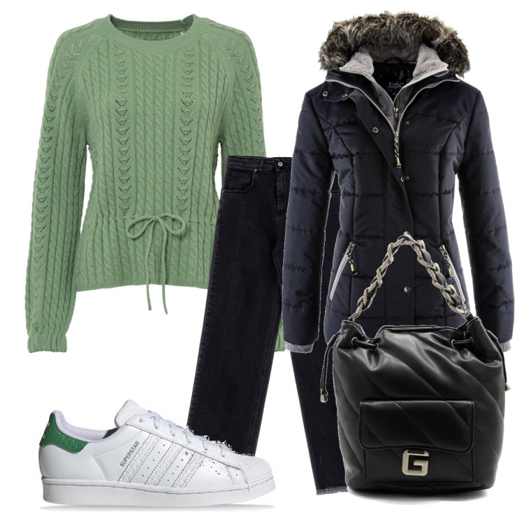 Outfit donna - Curvy outfit. Stile Casual per Tutti i giorni. Abbinamento con piumini, maglieria, pantaloni a palazzo, borse a spalla, sneakers.