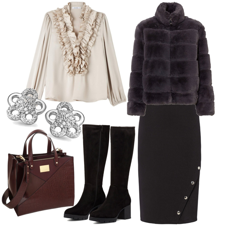 Outfit donna - Sabato sera. Stile Casual chic per Serata fuori. Abbinamento con ecopellicce, gonne longuette, camicie, stivali, borse a mano, orecchini.