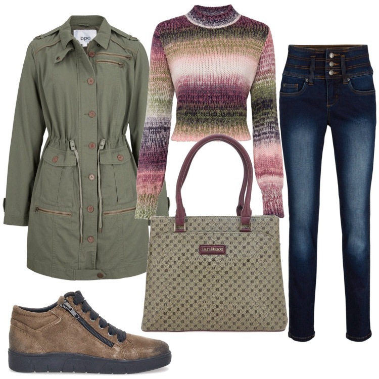 Outfit donna - Total look #1754862. Stile Casual per Tutti i giorni. Abbinamento con jeans, parka, maglieria, borse a mano, scarpe stringate.