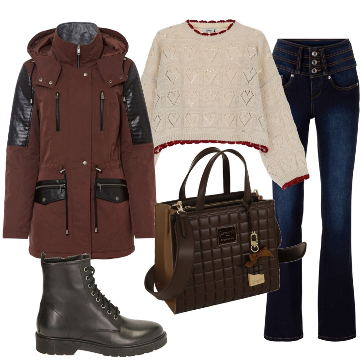Outfit donna - Total look #1754868. Stile Casual chic per Tutti i giorni. Abbinamento con jeans bootcut, parka, maglieria, anfibi, borse a mano.