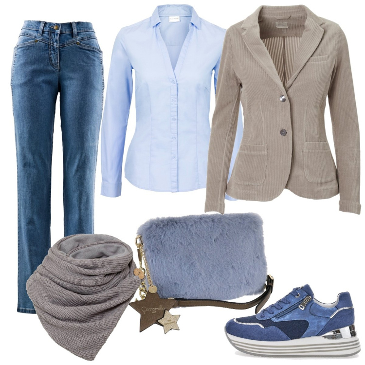 Outfit donna - Casual in jeans e beige. Stile Casual per Tutti i giorni. Abbinamento con camicie, foulard, jeans dritti, giacche, borse a tracolla, sneakers.