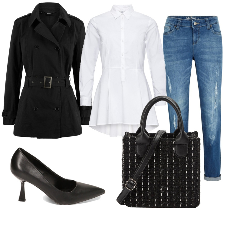 Outfit donna - Total look #1754875. Stile Casual chic per Tutti i giorni. Abbinamento con camicie, jeans boyfriend, trench, shopping bag, décolleté.
