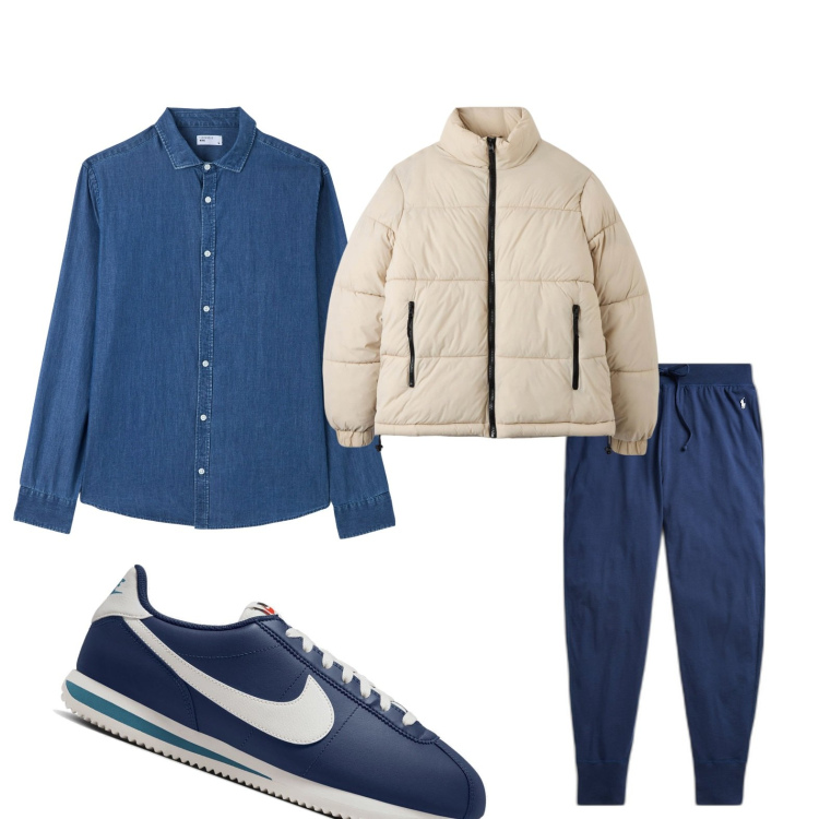 Outfit uomo - Blu & beige. Abbinamento con piumini, camicie, sneakers, pantaloni.