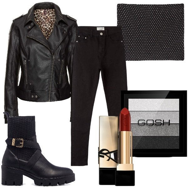 Outfit donna - Rock \'n\' Roll style. Stile Rock per Tutti i giorni. Abbinamento con cappotti, rossetti, ombretti, top, jeans skinny, stivaletti.