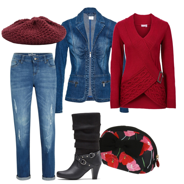 Outfit donna - Total look #1754890. Stile Casual chic per Tutti i giorni. look ideale per Petite. Abbinamento con stivali, blazer, maglieria, jeans boyfriend, cappelli e berretti, clutch.