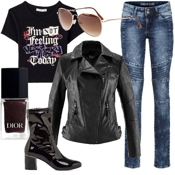 Outfit donna - Your Rock \'n\' Roll style. Stile Rock per Tutti i giorni. Abbinamento con blazer, occhiali da sole, jeans skinny, smalti, t-shirt, stivaletti.