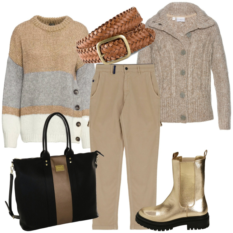 Outfit donna - Total look #1754899. Stile Casual per Tutti i giorni. Abbinamento con maglieria, cinture, cardigans, pantaloni, stivaletti chelsea, borse a spalla.