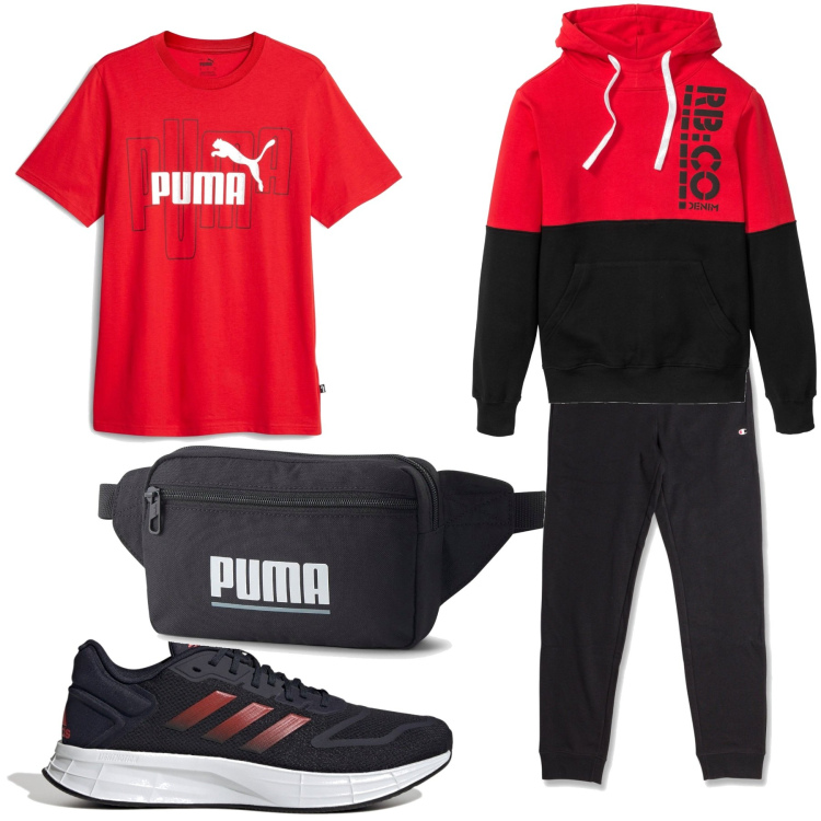 Outfit uomo - In palestra con personalità. Stile Casual per Sport. Abbinamento con felpe con cappuccio, pantaloni, t-shirt, borse sportive, scarpe sportive.