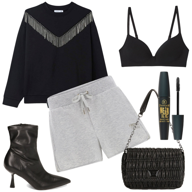 Outfit donna - Sportiva con stile. Stile Sporty chic per Serata fuori. Abbinamento con mascara, felpe, reggiseni, shorts, stivaletti, borse a spalla.