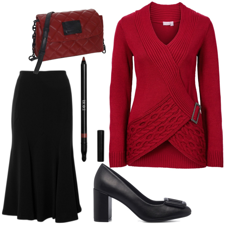 Outfit donna - Calda nel mio pullover rosso. Stile Basic per Ufficio. Abbinamento con maglieria, eyeliner, décolleté, gonne longuette, borse a tracolla.