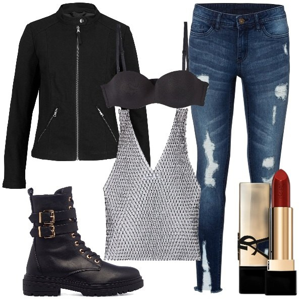 Outfit donna - Rock \'n\' Roll your style. Stile Rock per Tutti i giorni. Abbinamento con cappotti, jeans strappati, rossetti, top, reggiseni, anfibi.