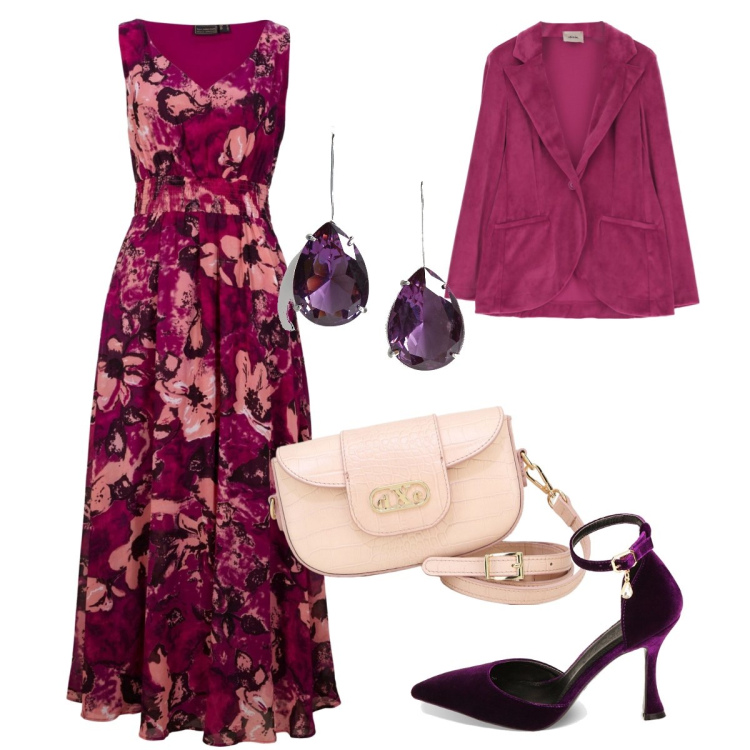 Outfit donna - Boho tra velluti e fiori. Stile Boho per Serata fuori. Abbinamento con vestiti lunghi, décolleté, giacche, pochette, orecchini.