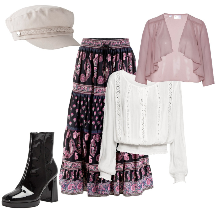 Outfit donna - Bohemien. Stile Boho per Tutti i giorni. Abbinamento con gonne lunghe, blazer, bluse, cappelli, stivaletti.