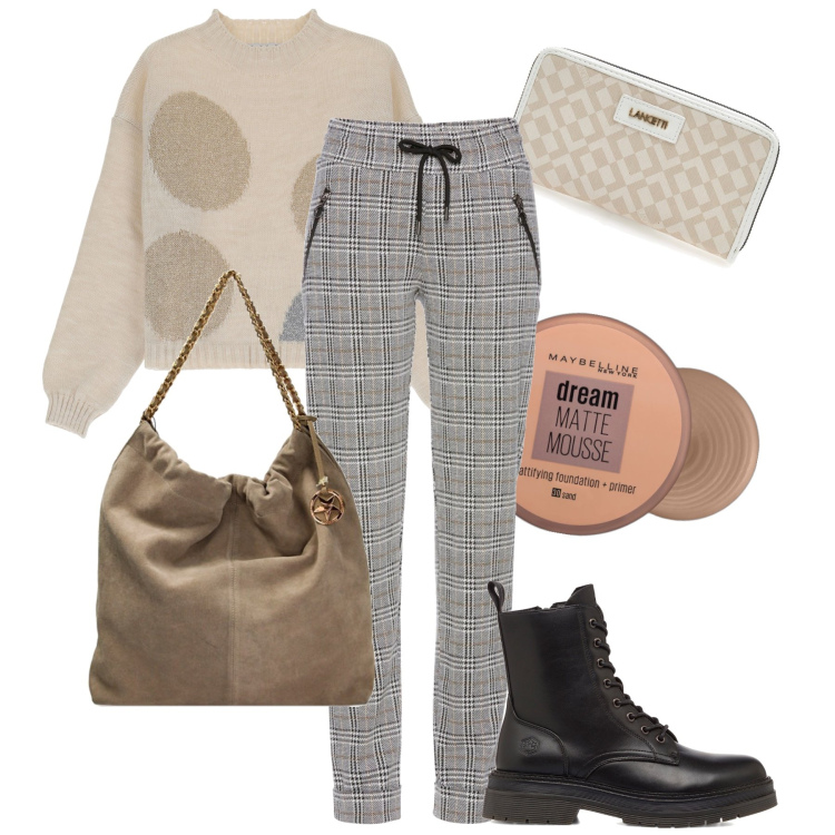 Outfit donna - Il pullover con le bolle. Stile Casual chic per Tutti i giorni. Abbinamento con pantaloni, fondotinta, pullovers, borse a spalla, anfibi, portafogli.