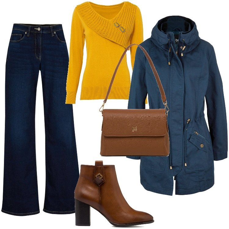 Outfit donna - Il pullover scollo asimmetrico-Novembre. Stile Casual per Ufficio. Abbinamento con parka, jeans, maglieria, stivaletti, borse a tracolla.