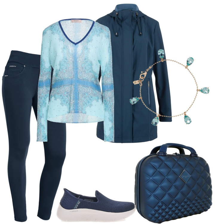 Outfit donna - weekend al mare. Stile Sporty chic per Tutti i giorni. Abbinamento con parka, pullovers, pantaloni skinny, braccialetti, valigie, sneakers alte.