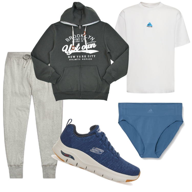 Outfit uomo - Casual. Stile Casual per Tutti i giorni. Abbinamento con pantaloni, felpe con cappuccio, sneakers, t-shirt, slip.