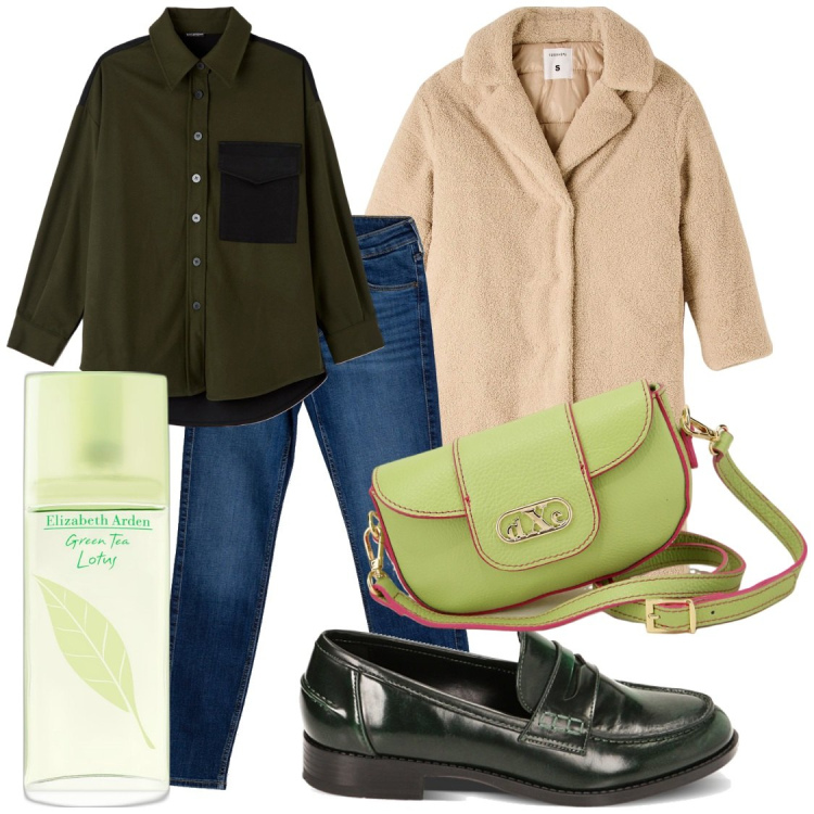 Outfit donna - Verde scuro per la camicia e il mocassin. Stile Urban per Tutti i giorni. Abbinamento con profumi, cappotti, camicie, mocassini, pochette, jeans skinny.