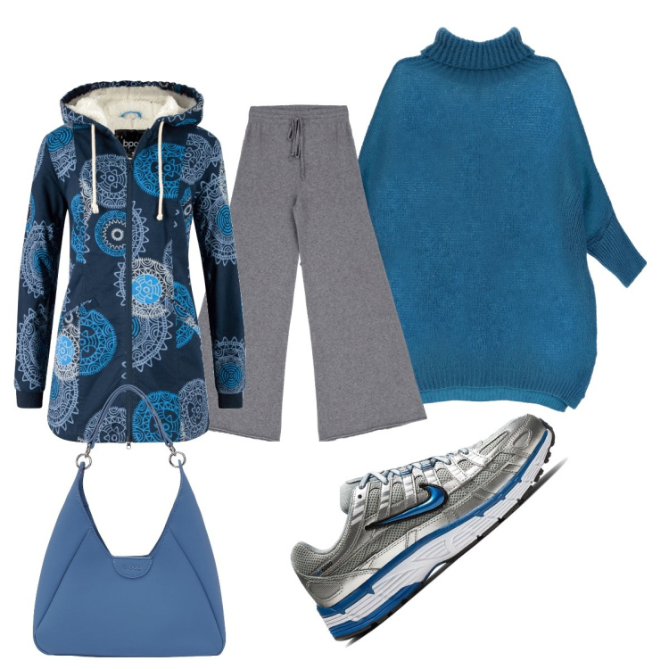 Outfit donna - La maglia blu come il cielo. Stile Casual chic per Ufficio. Abbinamento con parka, maglieria, pantaloni a palazzo, sneakers, borse a spalla.