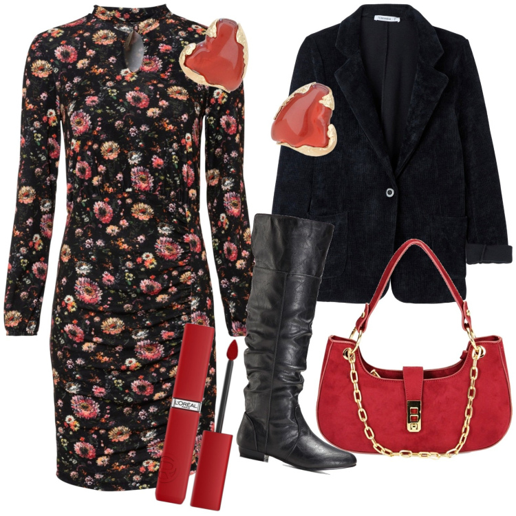 Outfit donna - Total look #1755114. Stile Trendy per Ufficio. Abbinamento con stivali sopra il ginocchio, vestiti, rossetti, blazer, borse a spalla, orecchini.