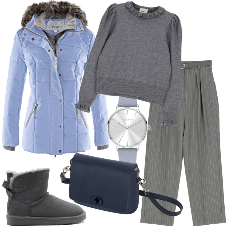 Outfit donna - Il piumino blu. Stile Casual per Tutti i giorni. Abbinamento con piumini, pantaloni a palazzo, maglieria, orologi, borse a spalla, stivaletti.